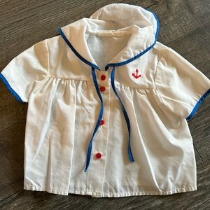 Vintage baby White Sailor Style blouse Shirt Blue Trim Red Buttons 12-18 months